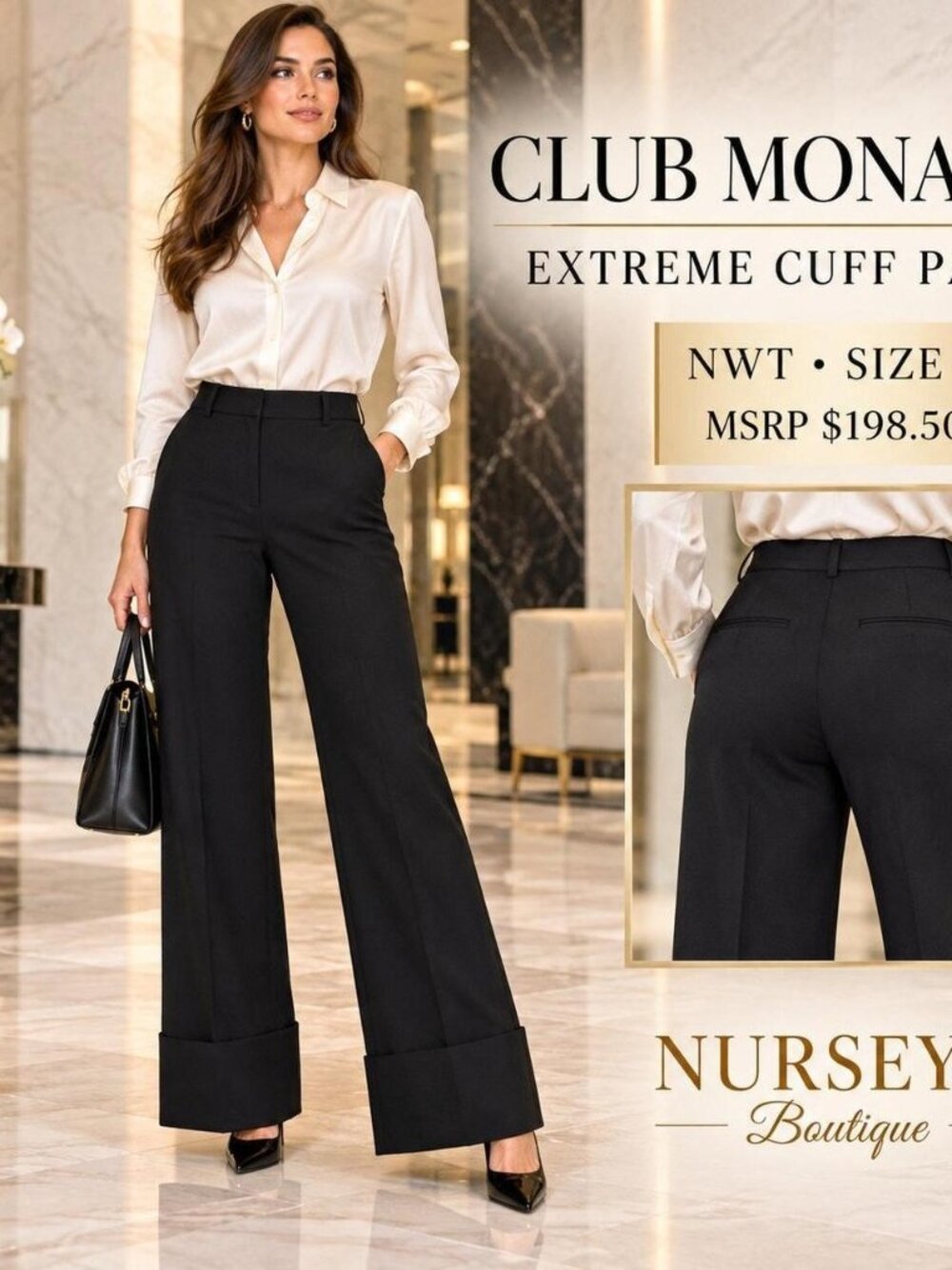 Club Monaco Women's Extreme Cuff Black Wide Leg Pants